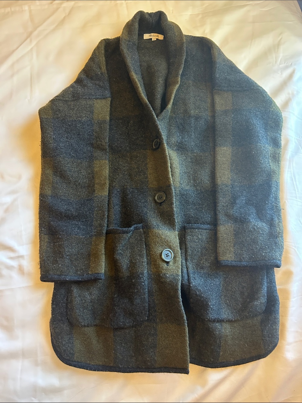 Madewell Olive & Charcoal Plaid Shawl-Collar Pea Coat
